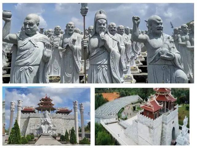 Rows of stone Arhat statues at the 500 Lohan Temple in Bintan, Indonesia